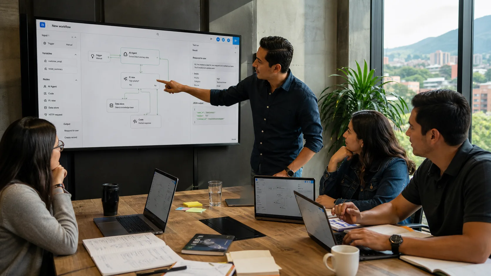 Equipo empresarial en una formación práctica de inteligencia artificial