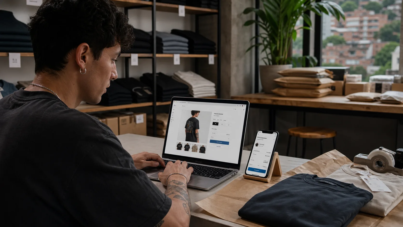 Emprendedor operando una tienda en línea personalizada desde su taller