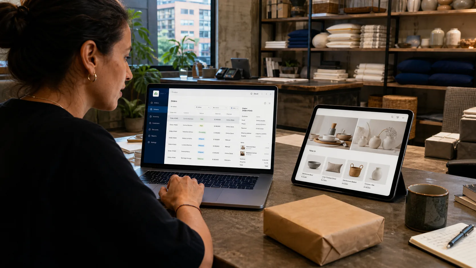 Comerciante gestionando pedidos y su tienda virtual desde dos dispositivos
